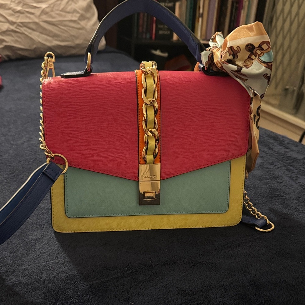 Aldo Pink and Blue Crossbody Bag with Chain Accent